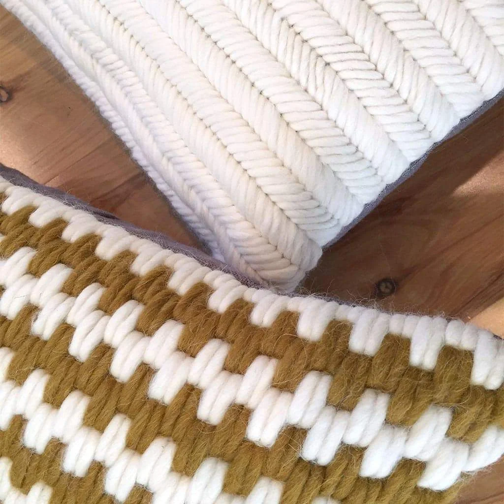 Super soft artisan made hand-stitched textured pillows. Ochre stripe and Herringbone cream.