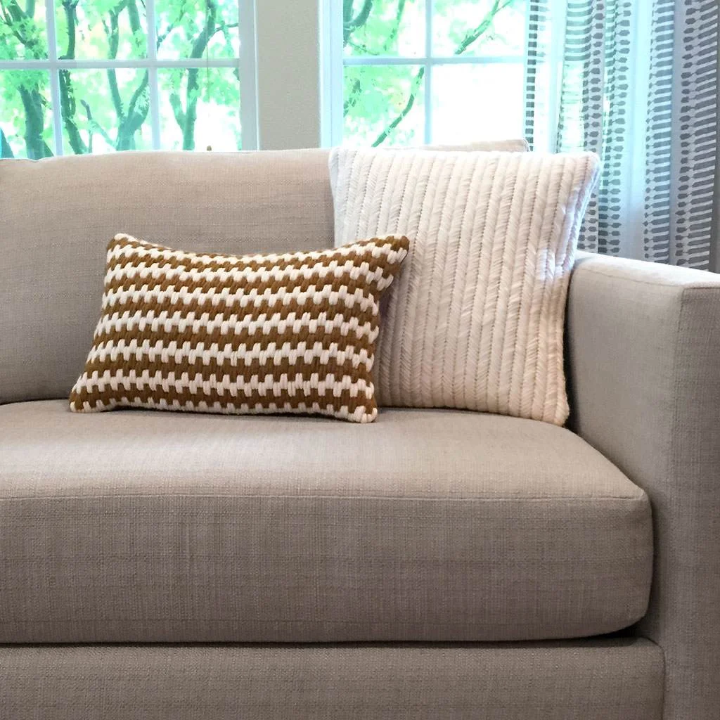 Super soft artisan made hand-stitched textured pillows, in yellow ochre and cream ivory.