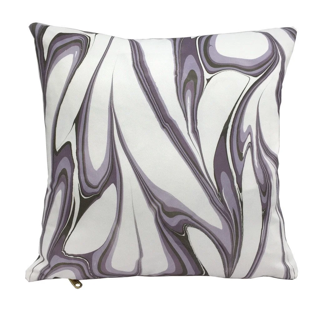 Modern handprinted marbled throw pillow in purple lavender colorway, 16"x16" square