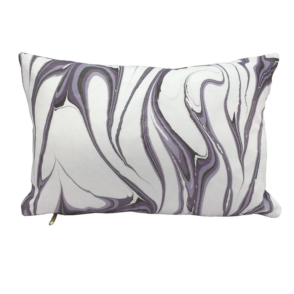 Handmade artisan marbled throw pillow in purple lavender colorway, 12"x18" lumbar
