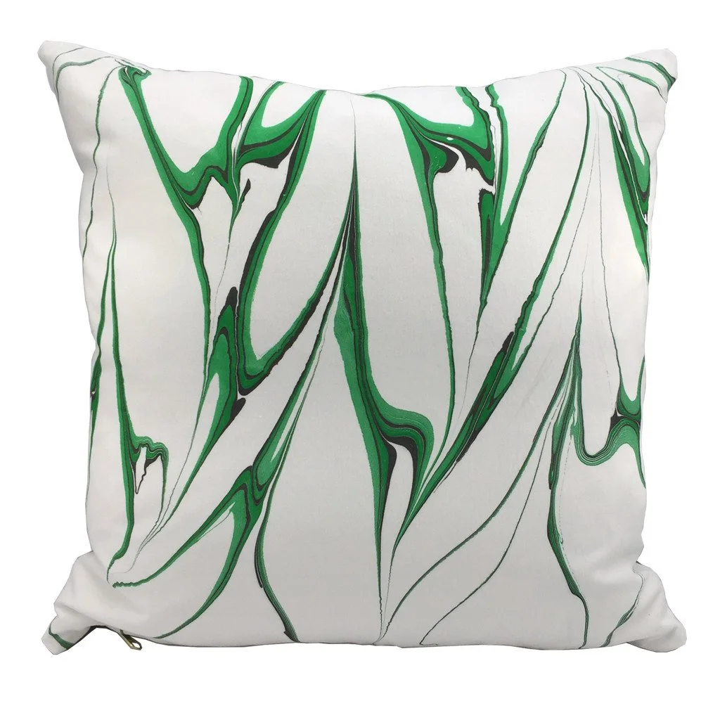 Modern marbled throw pillow hand printed in emerald green colorway. 20"x20" square