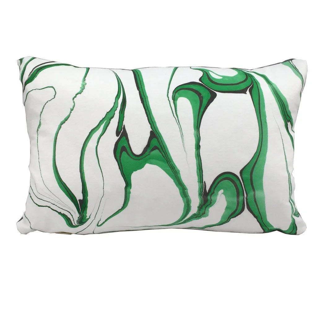 Modern artisan made marbled throw pillow in emerald green colorway. 12"x18" lumbar