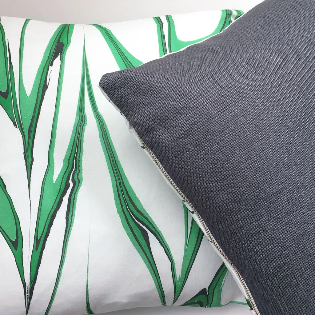 Hand printed marbled pillows with organic cotton front and linen back.