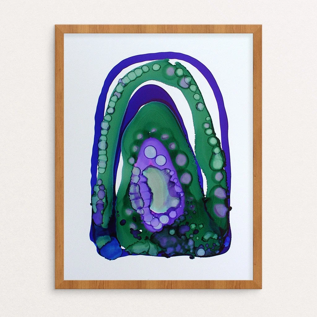 Abstract artwork. Ink on paper. 11"x14". Green, purple. Sold unframed.