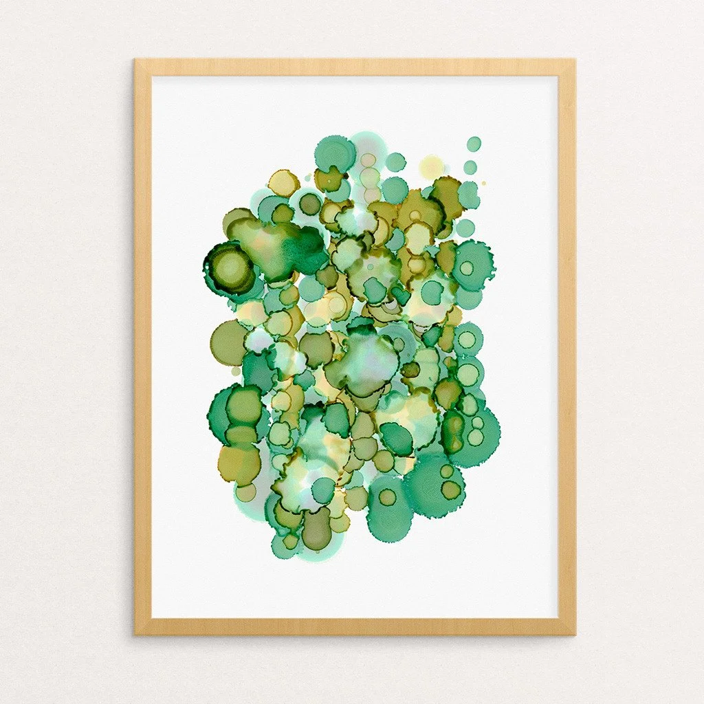 Abstract artwork. Ink on paper. 10"x13". Green. Shown framed, sold unframed.
