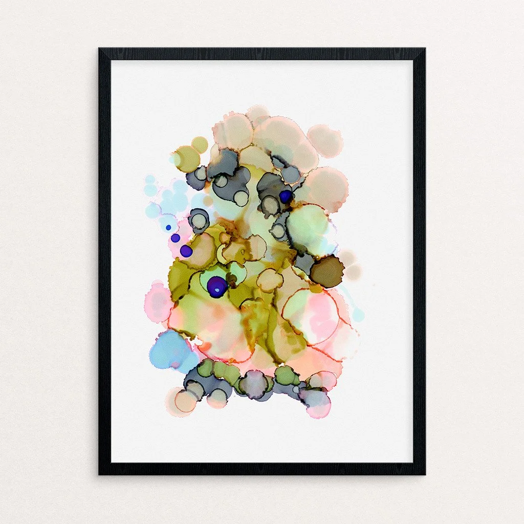 Abstract artwork. Ink on paper. 10"x13". Colorful. Shown framed, sold unframed.