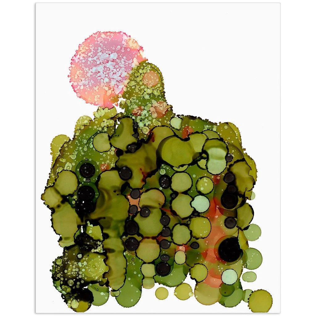 Abstract artwork. Ink on paper. 11"x14". Green, pink. Sold unframed.