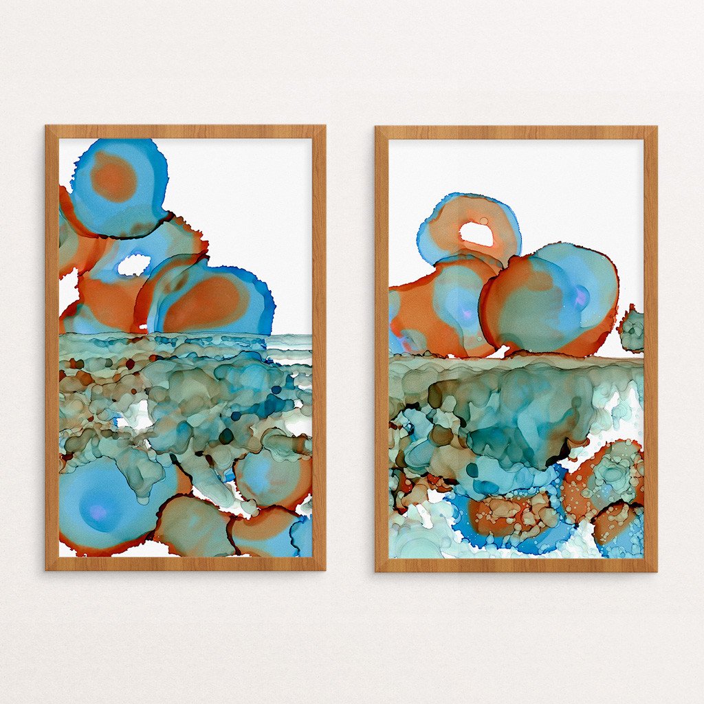 Abstract artwork. Ink on paper. Diptych. Each measures 7"x11". Blue, orange. Sold unframed.