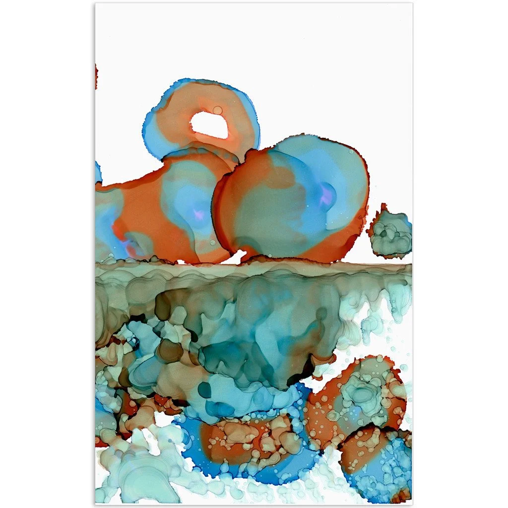 Abstract artwork. Ink on paper. Diptych. Each measures 7"x11". Blue, orange. Sold unframed.