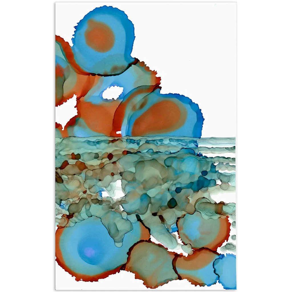 Abstract artwork. Ink on paper. Diptych. Each measures 7"x11". Blue, orange. Sold unframed.