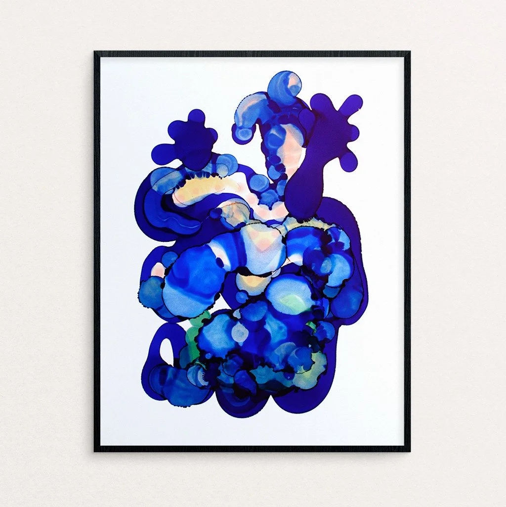 Abstract artwork. Ink on paper. 11"x14". Blue. Sold unframed.