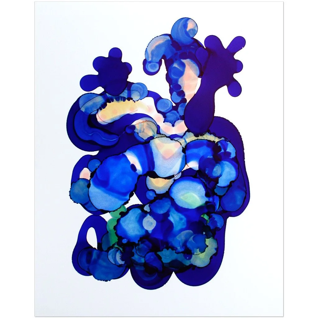 Abstract artwork. Ink on paper. 11"x14". Blue. Sold unframed.