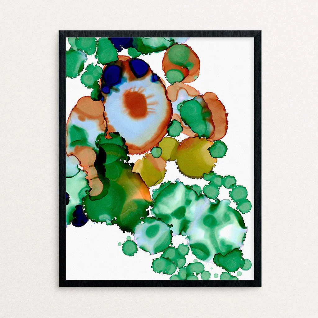 Abstract artwork. Ink on paper. 11"x14". Colorful, green, orange. Sold unframed.