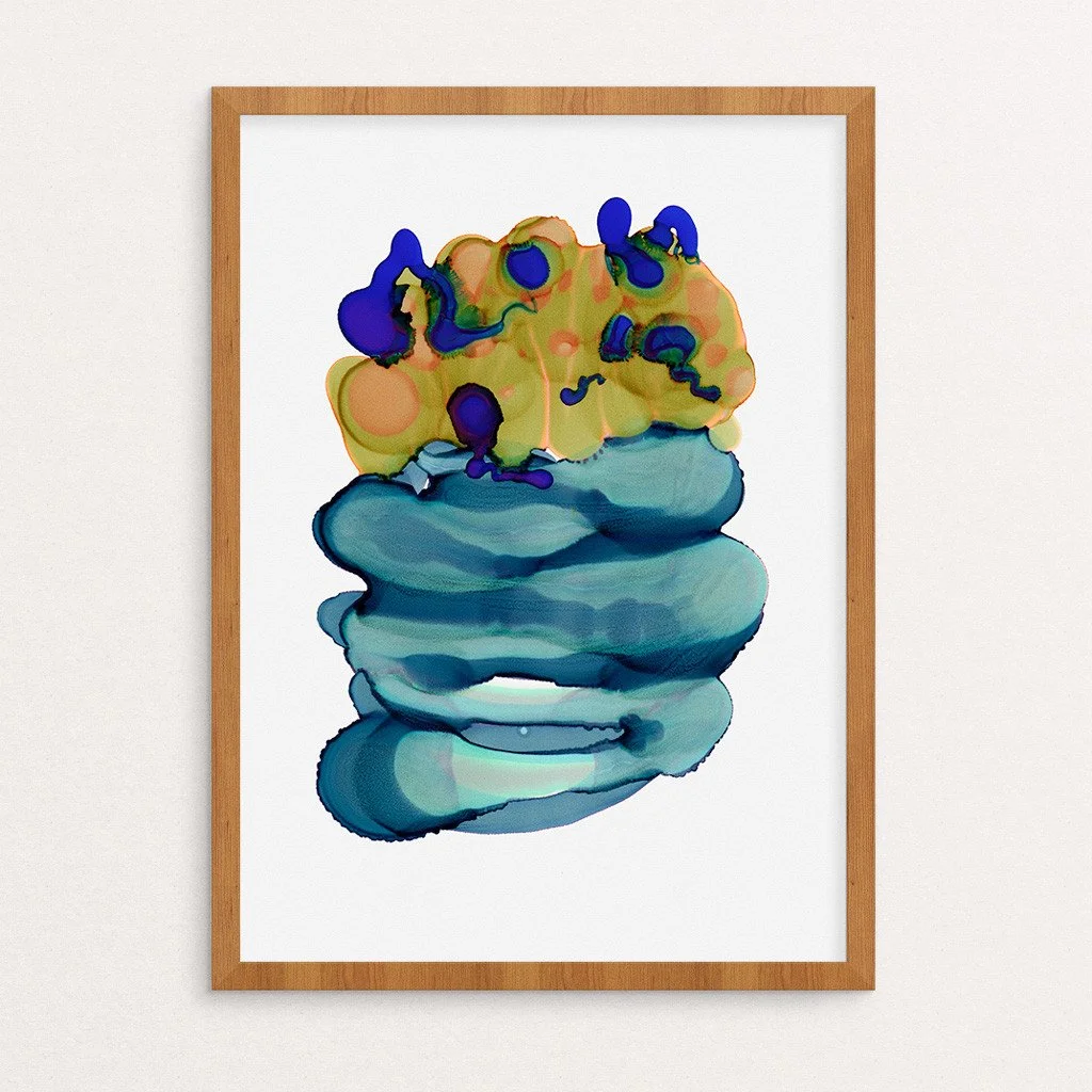 Abstract artwork. Ink on paper. 9"x12". Colorful, blue. Sold unframed.