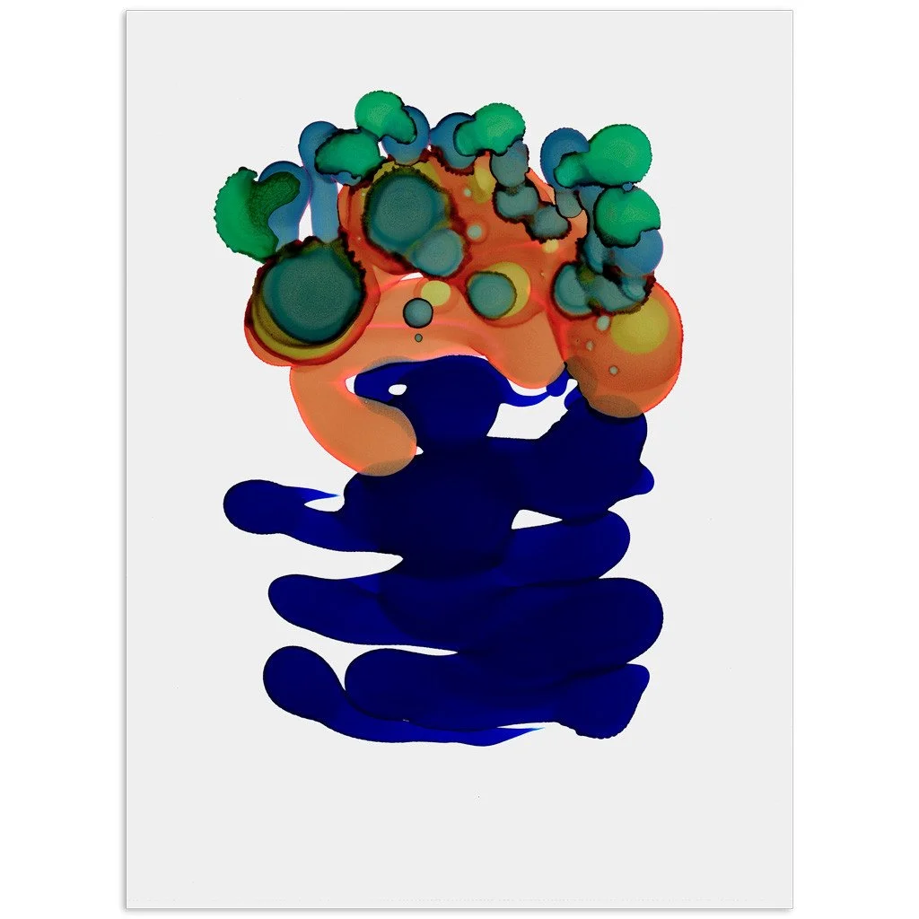 Abstract artwork. Ink on paper. 9"x12". Colorful, blue, orange, green. Sold unframed.