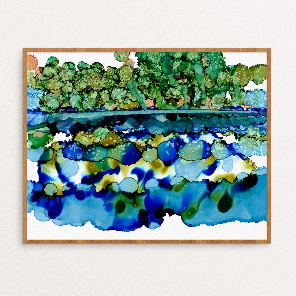 Abstract artwork. Ink on paper. 14"x11". Colorful, blue, green. Sold unframed.