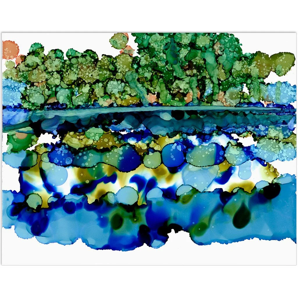 Abstract artwork. Ink on paper. 14"x11". Colorful, blue, green. Sold unframed.