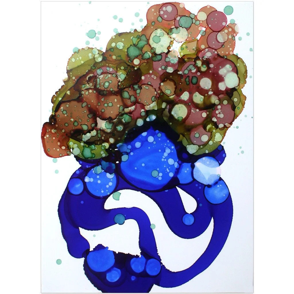 Abstract artwork. Ink on paper. 5"x7". Colorful, blue. Sold unframed.