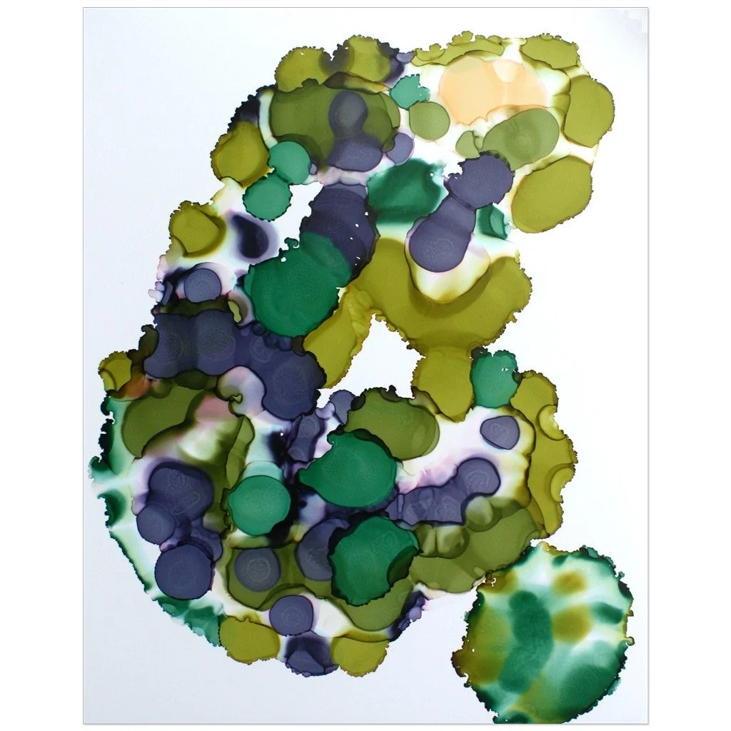 Abstract artwork. Ink on paper. 11"x14". Colorful, green. Sold unframed.