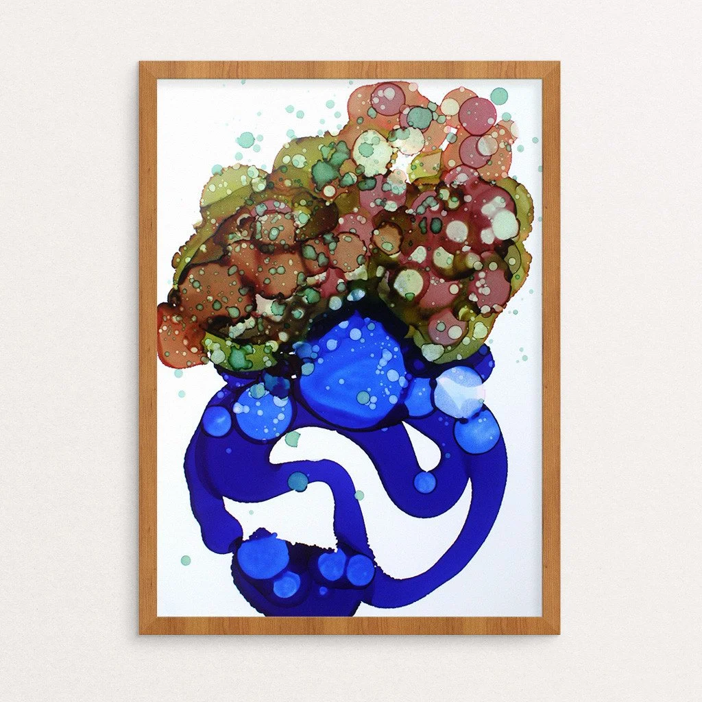 Abstract artwork. Ink on paper. 5"x7". Colorful, blue. Sold unframed.