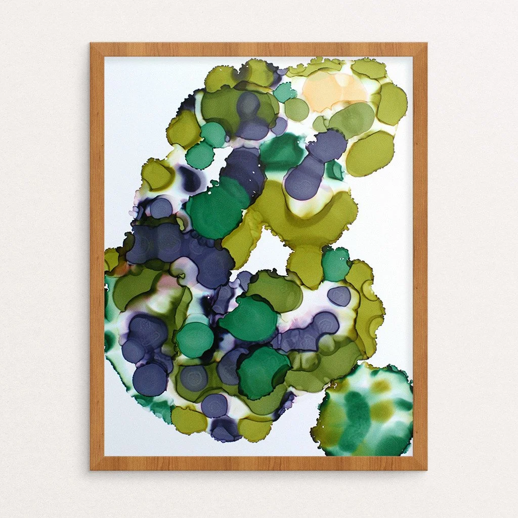 Abstract artwork. Ink on paper. 11"x14". Colorful, green. Sold unframed.