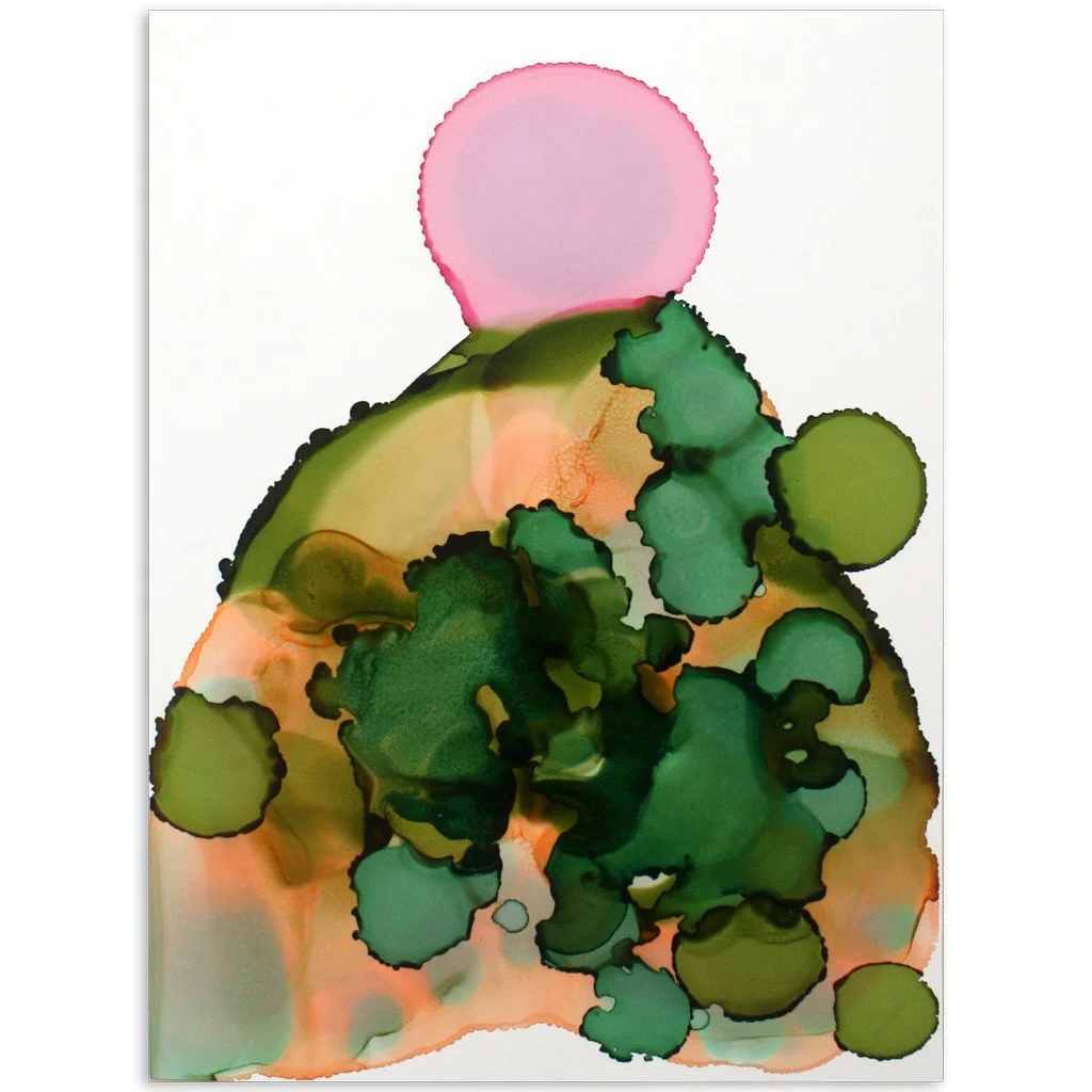 Abstract artwork. Ink on paper. 5"x7". Colorful, green, orange, pink. Sold unframed.