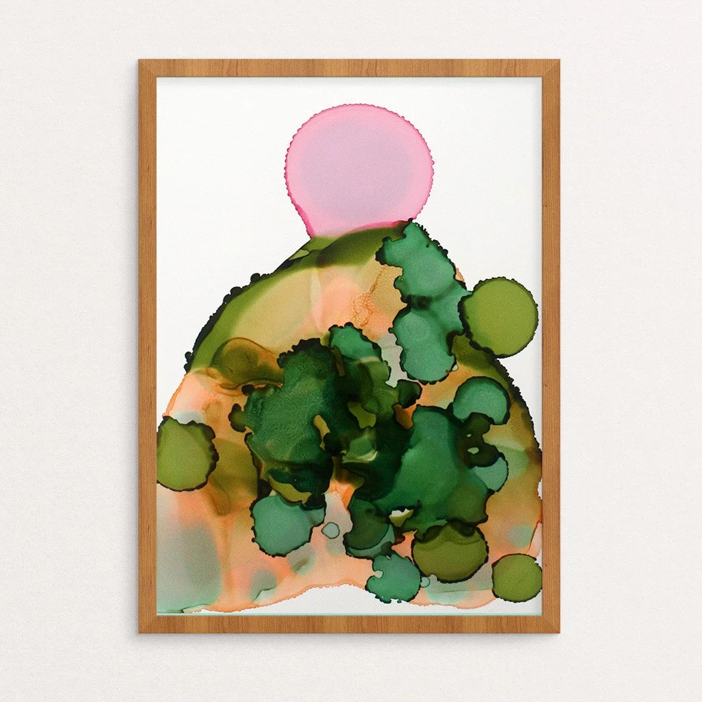 Abstract artwork. Ink on paper. 5"x7". Colorful, green, orange, pink. Sold unframed.