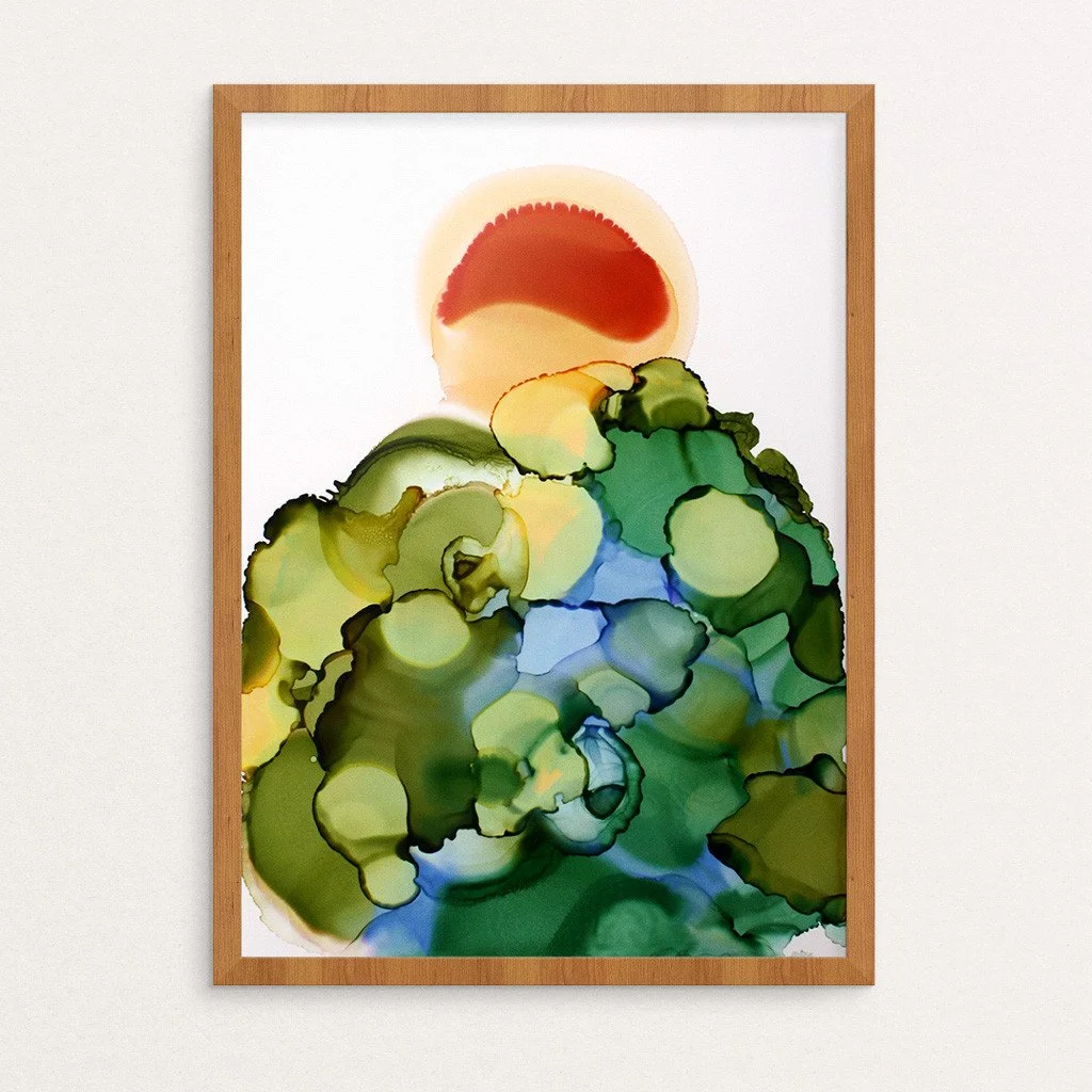 Abstract artwork. Ink on paper. 5"x7". Colorful, green, red. Sold unframed.