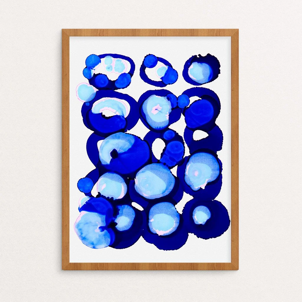 Abstract artwork. Ink on paper. 9"x12". Colorful, blue. Sold unframed.