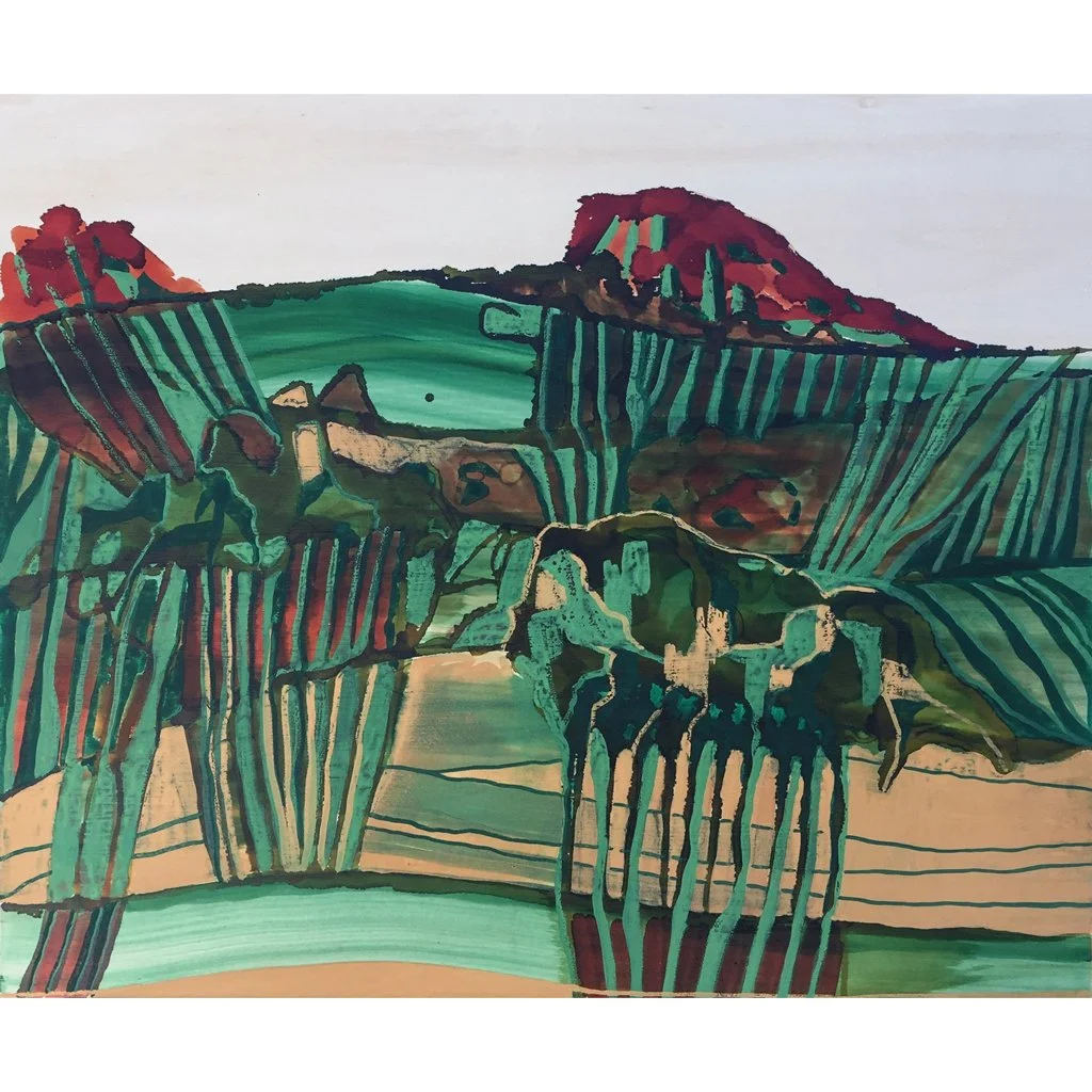 Abstract landscape artwork. On wood panel. 24"x20". Colorful, green, red.