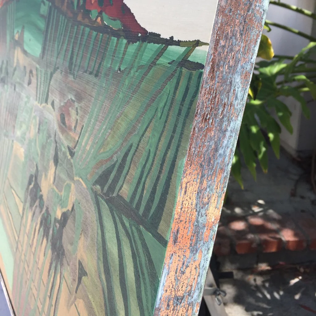 Abstract landscape artwork. On wood panel. 24"x20". Colorful, green, red. Patina edge.
