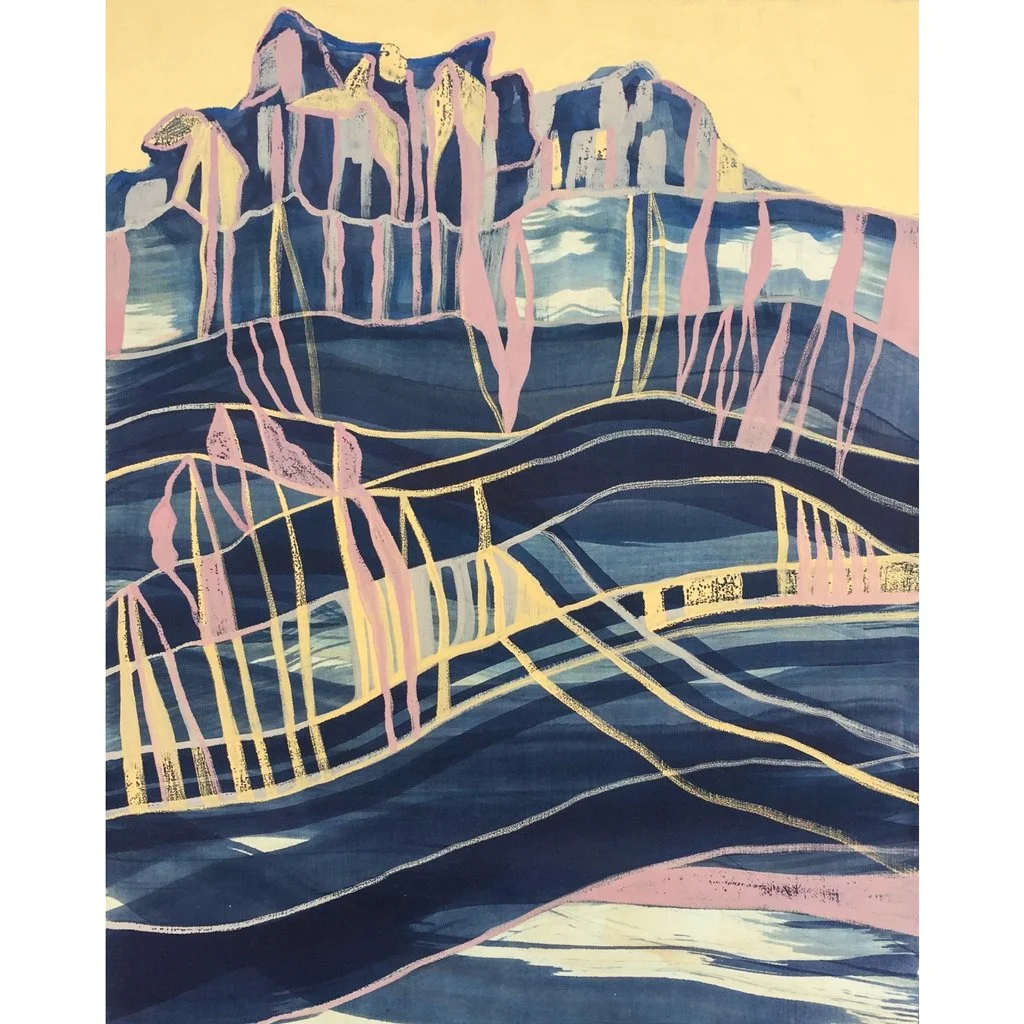 Abstract landscape artwork. On wood panel. 16"x20". Colorful, yellow, pink blue. Patina edge.