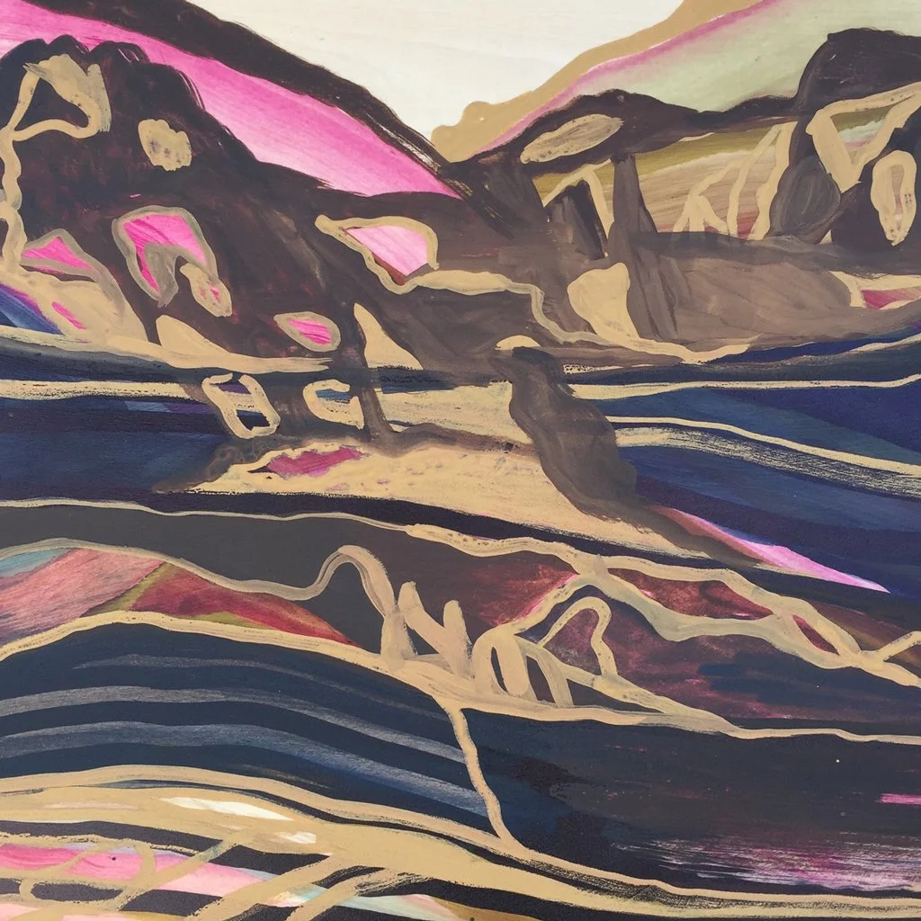 Abstract landscape artwork. On wood panel. 24"x24". Colorful, yellow, pink, purple. Patina edge. Detail.