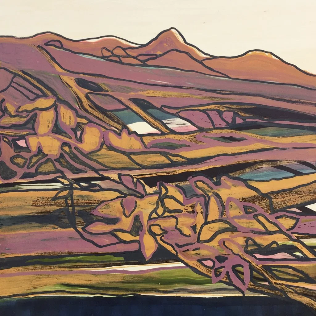 Abstract landscape artwork. On wood panel. 24"x24". Colorful, yellow, pink, purple. Patina edge.
