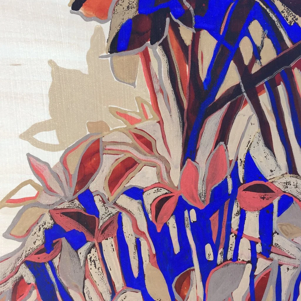 Abstract landscape artwork. On wood panel. 16"x20". Colorful,blue, red, tan. Patina edge. Detail.