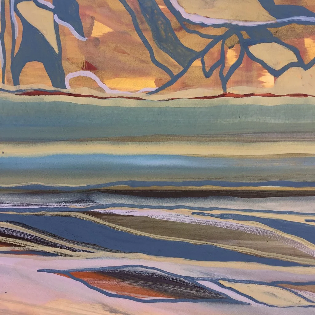 Abstract landscape artwork. On wood panel. 36"x24". Colorful, pink, green, tan. Patina edge. Detail.