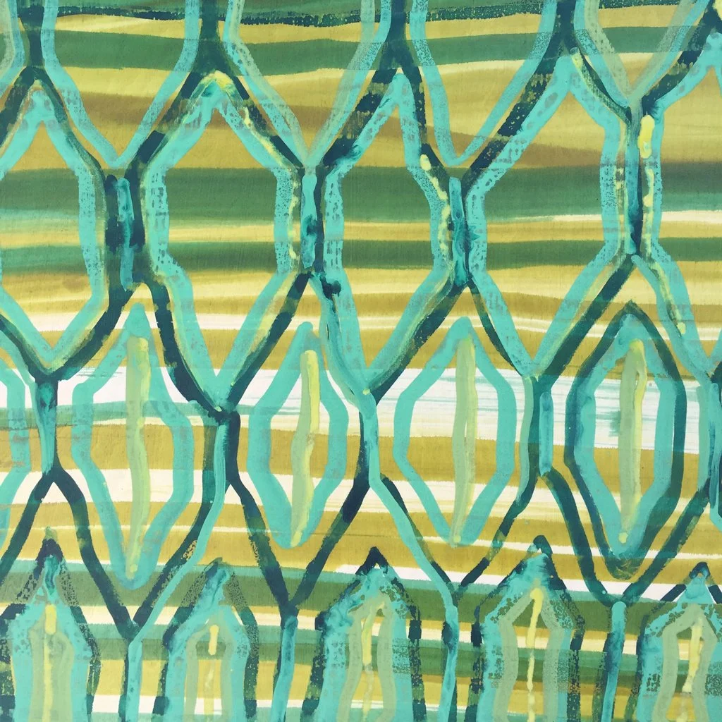 Abstract landscape artwork. On wood panel. 30"x40". Colorful, green, red. Patina edge. Detail.