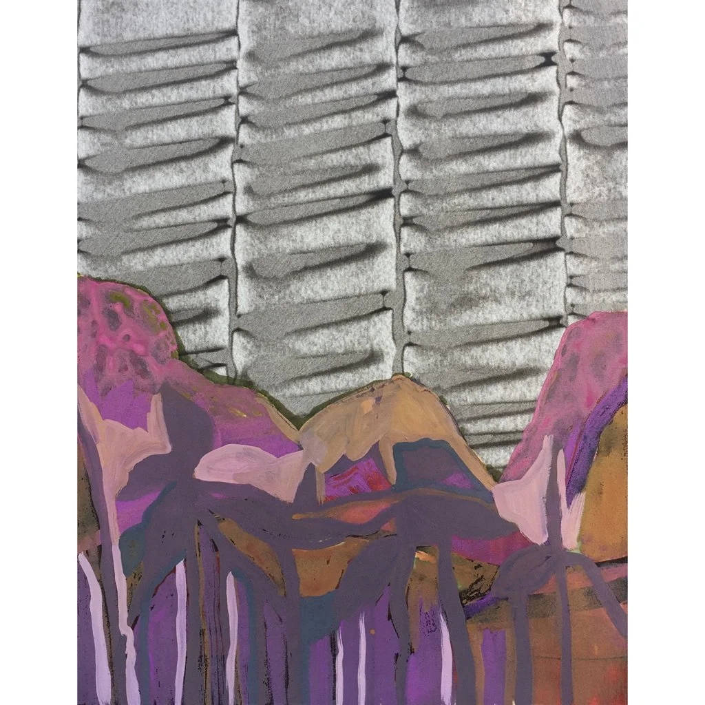 Abstract landscape artwork. On wood panel. 11"x14". Colorful, purple, gray.