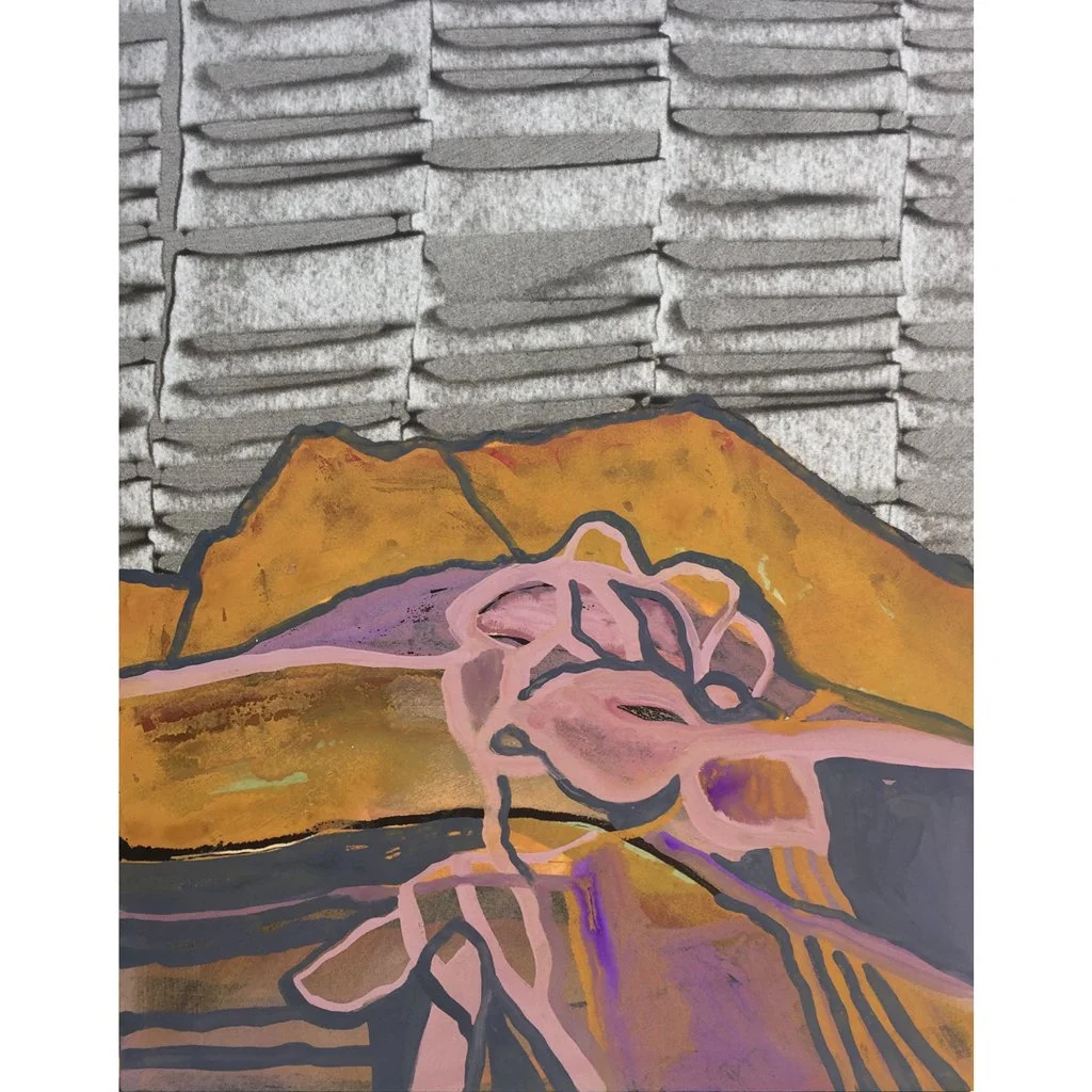 Abstract landscape artwork. On wood panel. 11"x14". Colorful, gold, gray. Mixed media.