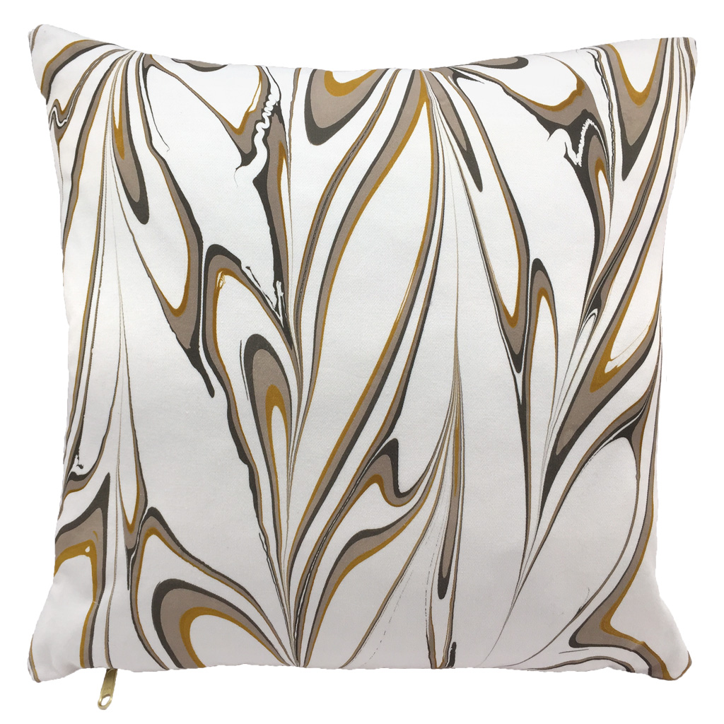 Hand marbled pillow in Ochre. 20in x 20in, 16in x 16in. By Sarah and Ruby.