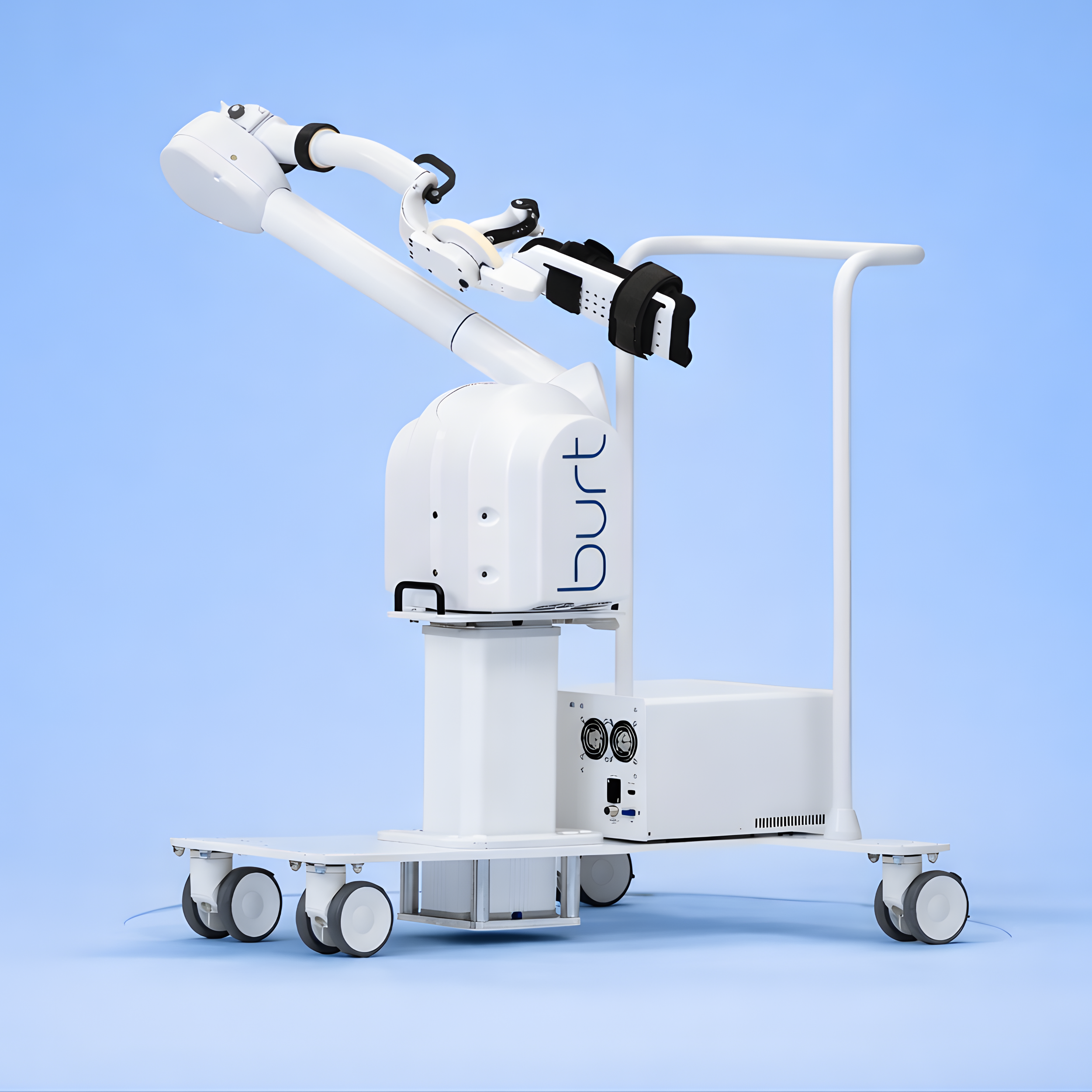 Robotic rehab arm labeled 'Burt' on a mobile platform with multiple wheels against a light blue background.