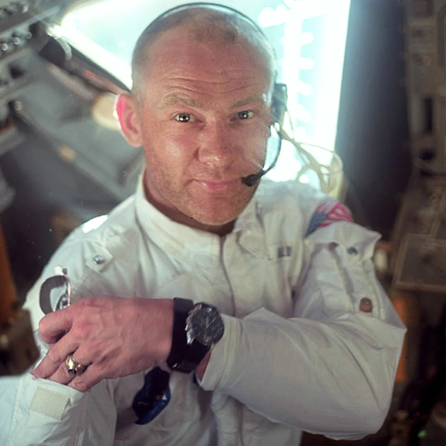 Buzz Aldrin (pictured above) wore an Omega Speedmaster wristwatch when he walked on the moon in 1969. Source.
