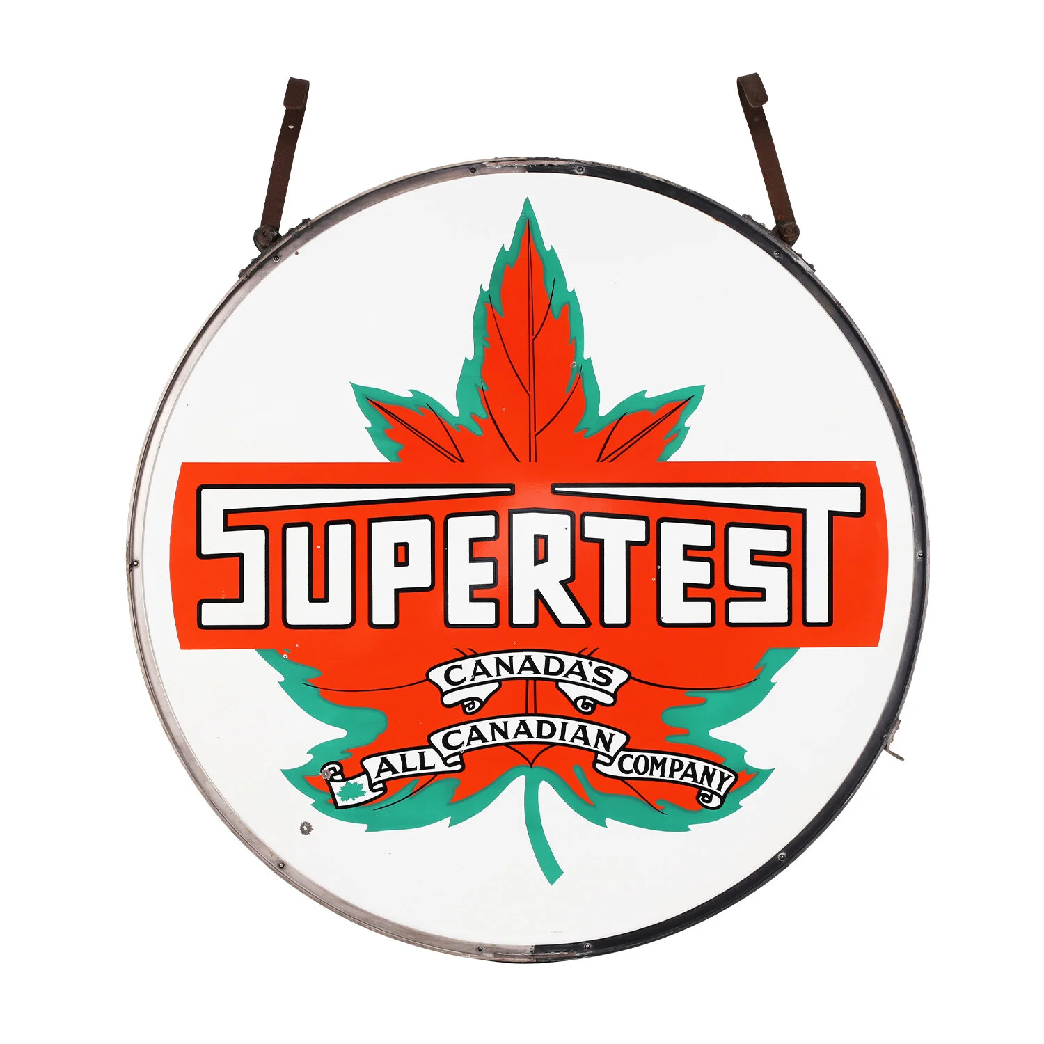 Canadian Supertest Service Station double-sided porcelain hanging sign from the 1940s, 60 inches in diameter and nicely housed in the original aluminum frame (CA$21,240).