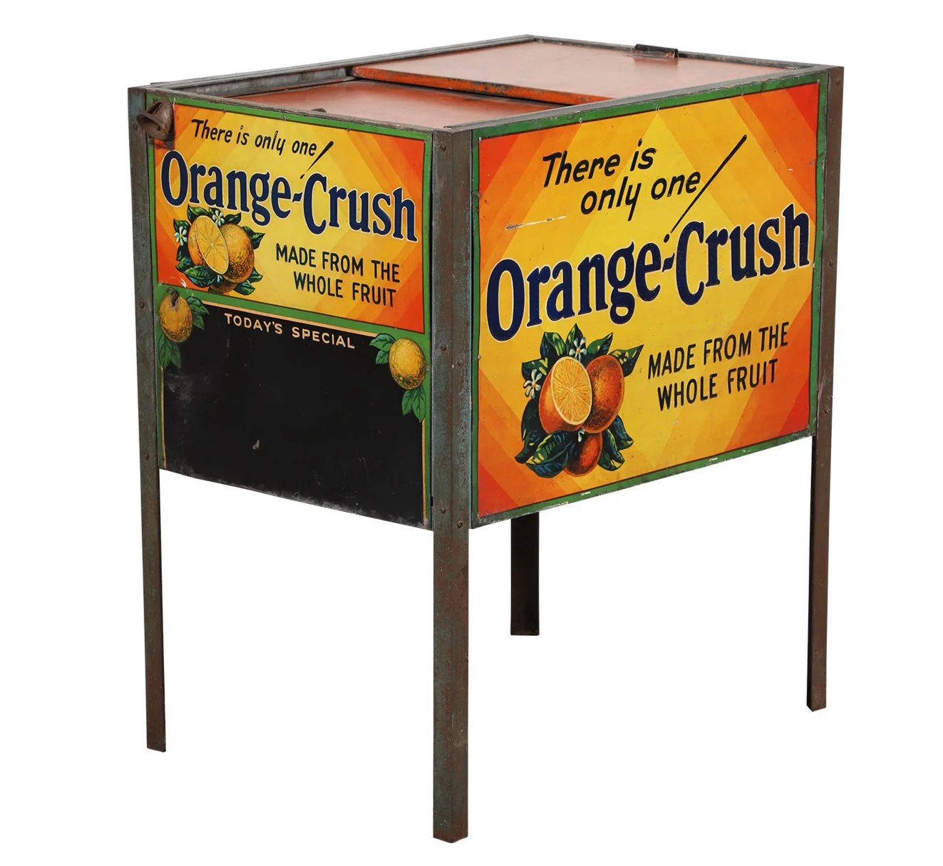 Canadian Orange Crush steel and wood store soda cooler from the 1920s, having four embossed lithographed tin panels, two with chalkboards (CA$7,670).