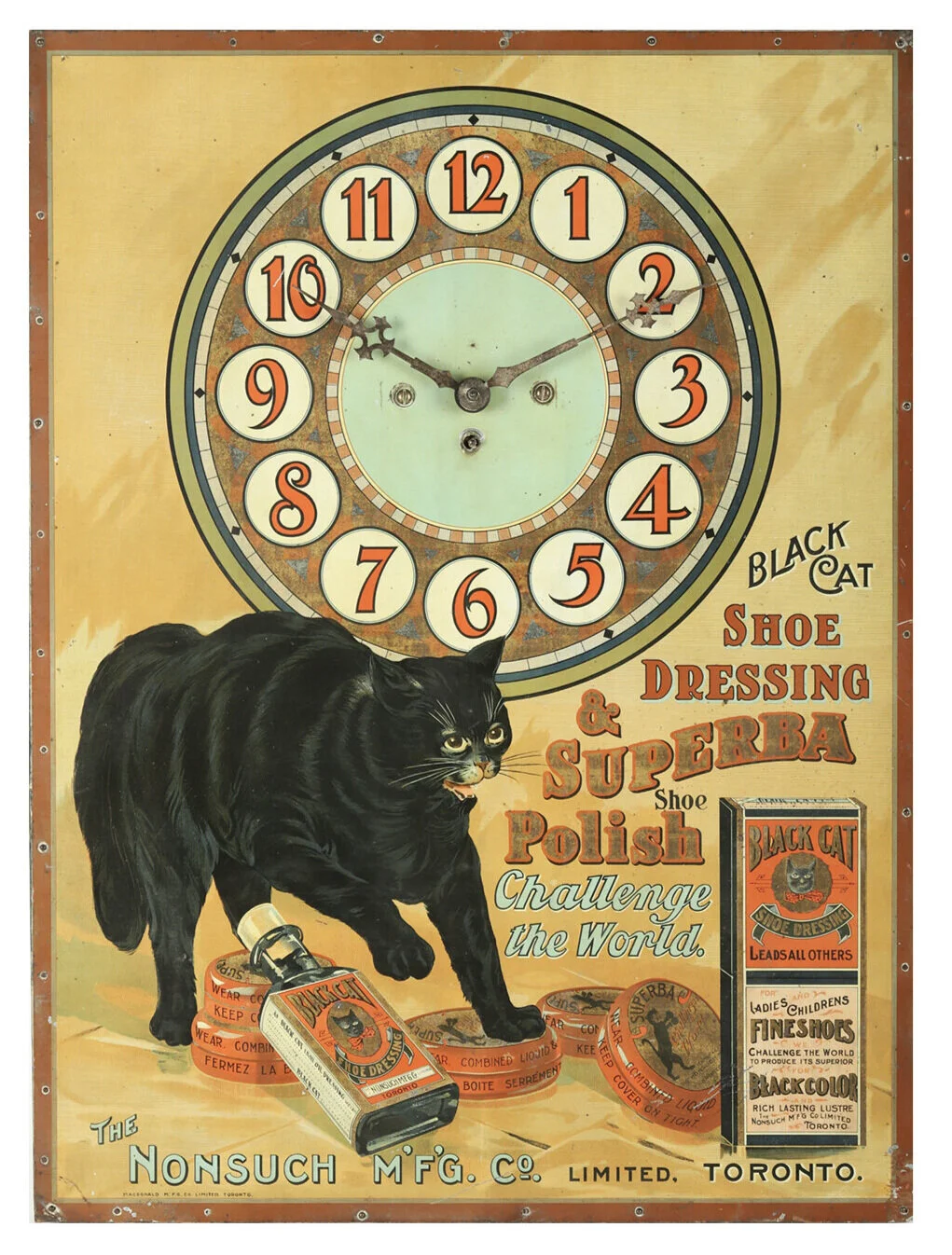 This rare ‘Black Cat Shoe Polish’ tin lithograph advertising clock sold for $11,210 in Miller &amp; Miller’s June 19th&nbsp;Sale.