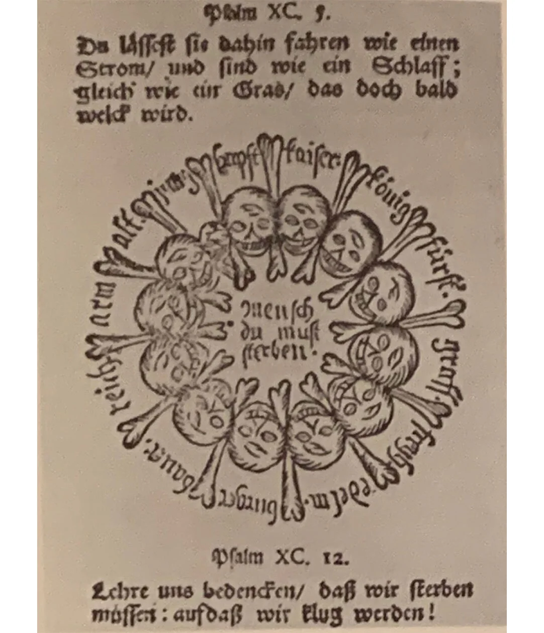 The ‘Memento Mori’ is a motif printed in many Mennonite religious books which depicts ‘Death as the leveller of all men’.