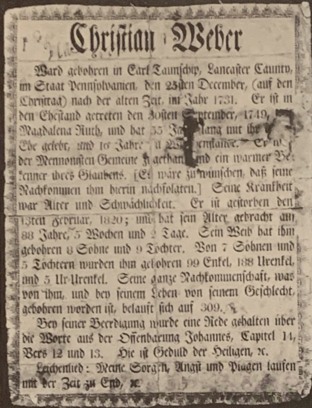 An example of the Fraktur writing style. This document was a tribute to Anna Weber’s grandfather Christian Weber, printed on the occasion of his death in 1820.