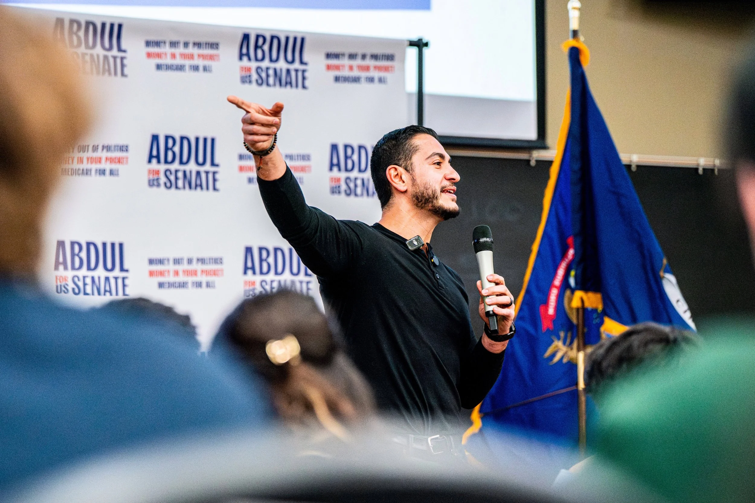 U.S. Senate candidate Abdul El-Sayed addresses supporters during a campaign rally at Michigan State University in East Lansing, Mich., Tuesday, April 7, 2026.