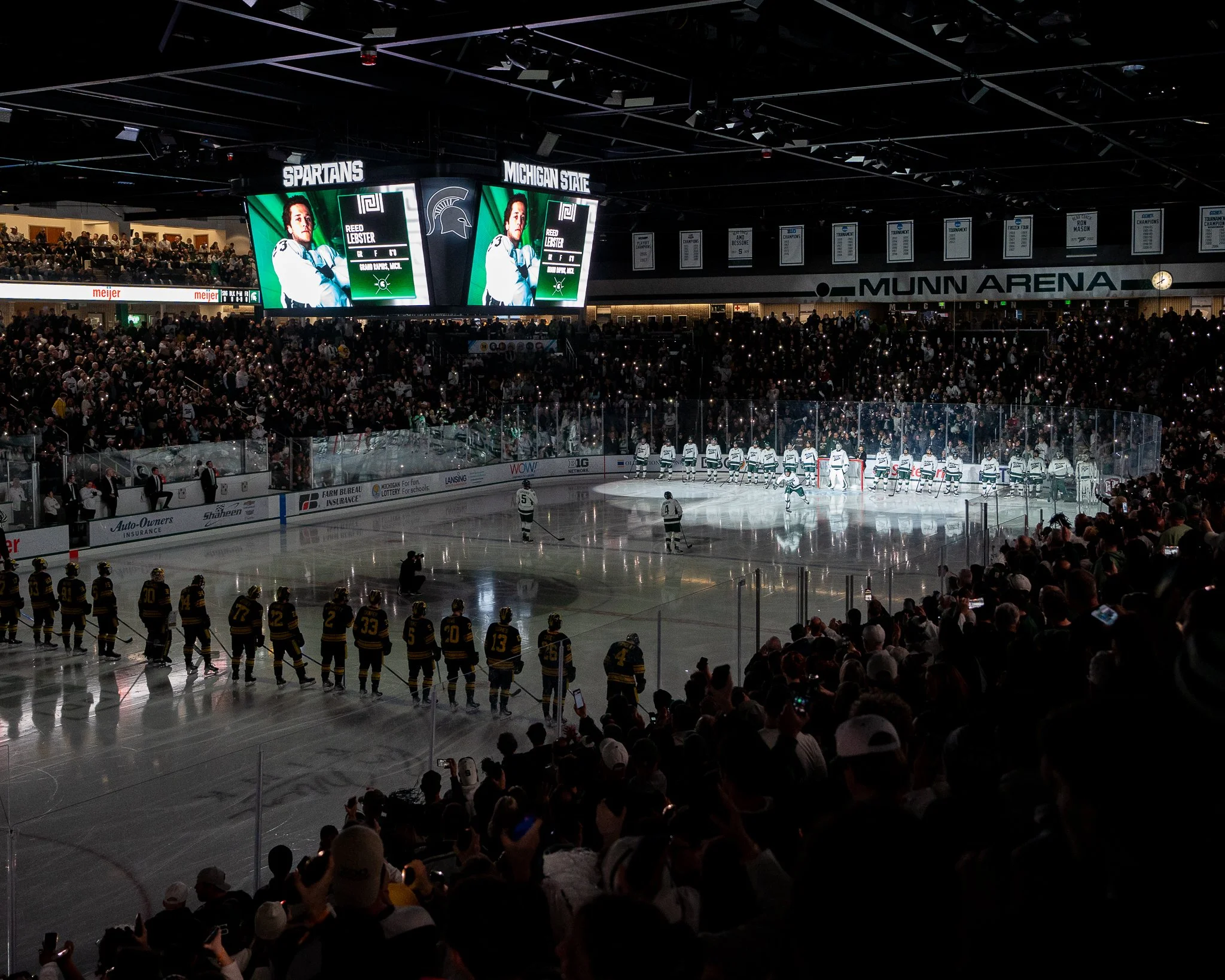 Michigan State forward Reed Lebster skates to center ice during player introductions before the Big Ten Hockey Tournament championship game against Michigan at Munn Ice Arena in East Lansing, Mich., Saturday, March 23, 2024.