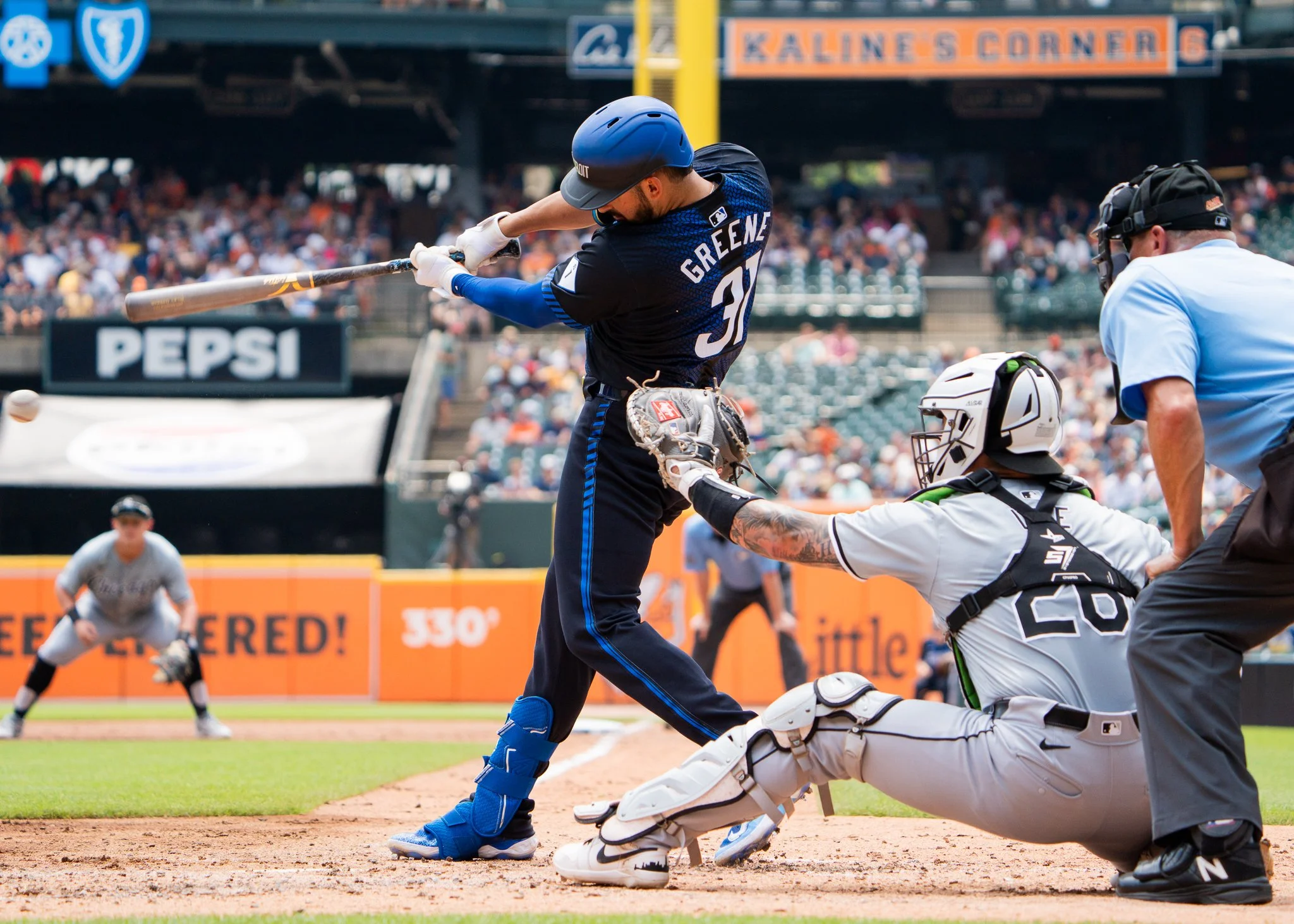 Detroit Tigers left fielder Riley Greene hits a ground ball against the Chicago White Sox during the fourth inning of a baseball game, Saturday, June 22, 2024, at Comerica Park in Detroit.